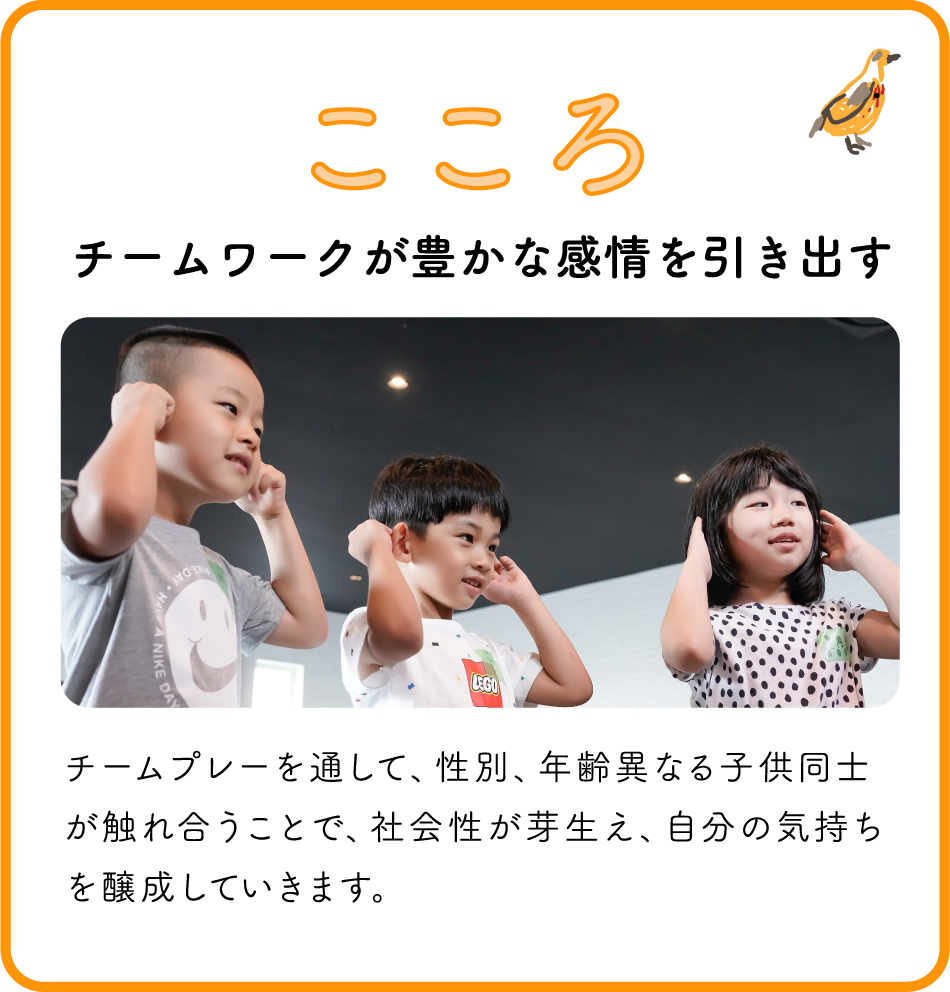 こころ / チームワークが豊かな感情を引き出す / チームプレーを通して、性別、年齢異なる子供同士が触れ合うことで、社会性が芽生え、自分の気持ちを醸成していきます。